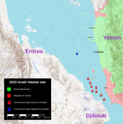 Houthi attacks on shipping in the Red Sea.