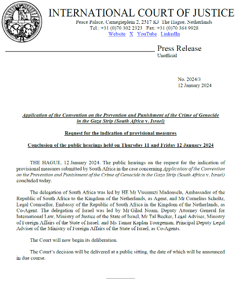 ICJ document declaring the Israel genocide trial hearings are complete.