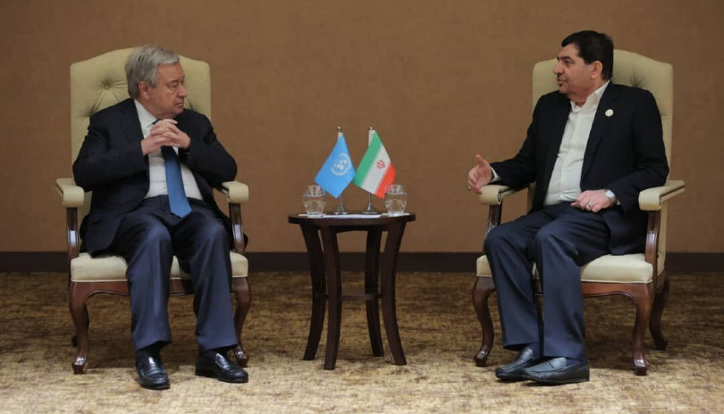 Iranian VP Mokhber speaking with Guterres