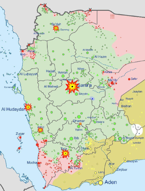 Map of U.S. and U.K. airstrikes on Houthi land in Yemen beginning late January 11 through early January 12, 2024, local time.