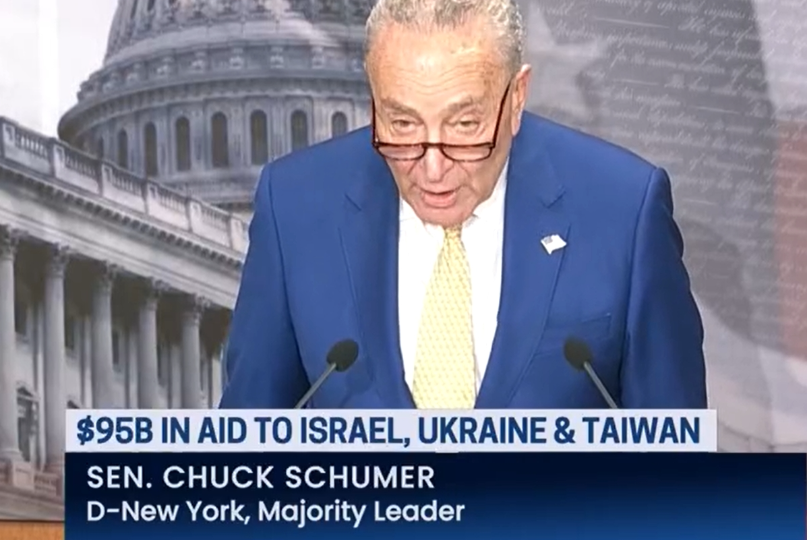 Senate Majority Leader Chuck Schumer announcing Senate passage of latest national security bill, on February 13, 2024.