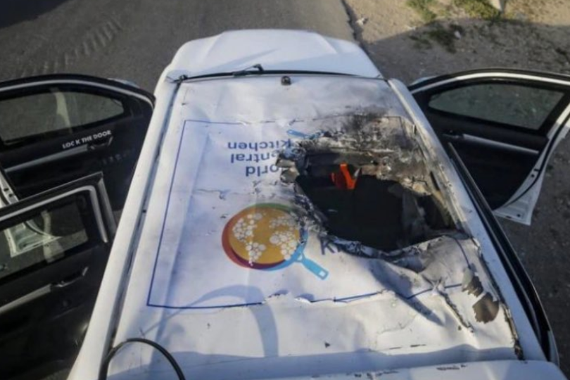 World Central Kitchen SUV after being struck by Israeli drone on April 2, 2024.