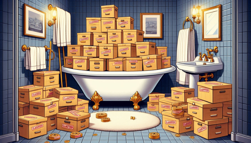 Classified documents in a bathroom.
